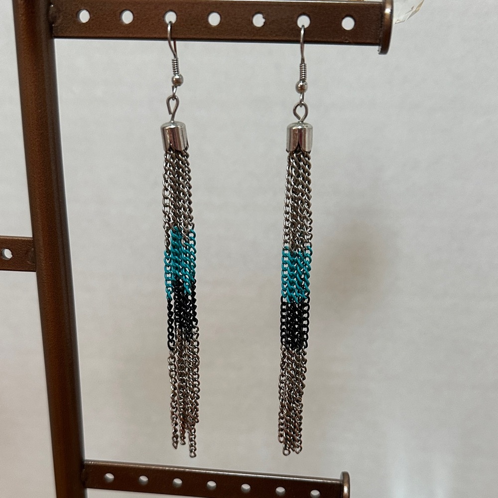 Elegant Silver, Black, Teal and Copper Chain Tassel Earrings.